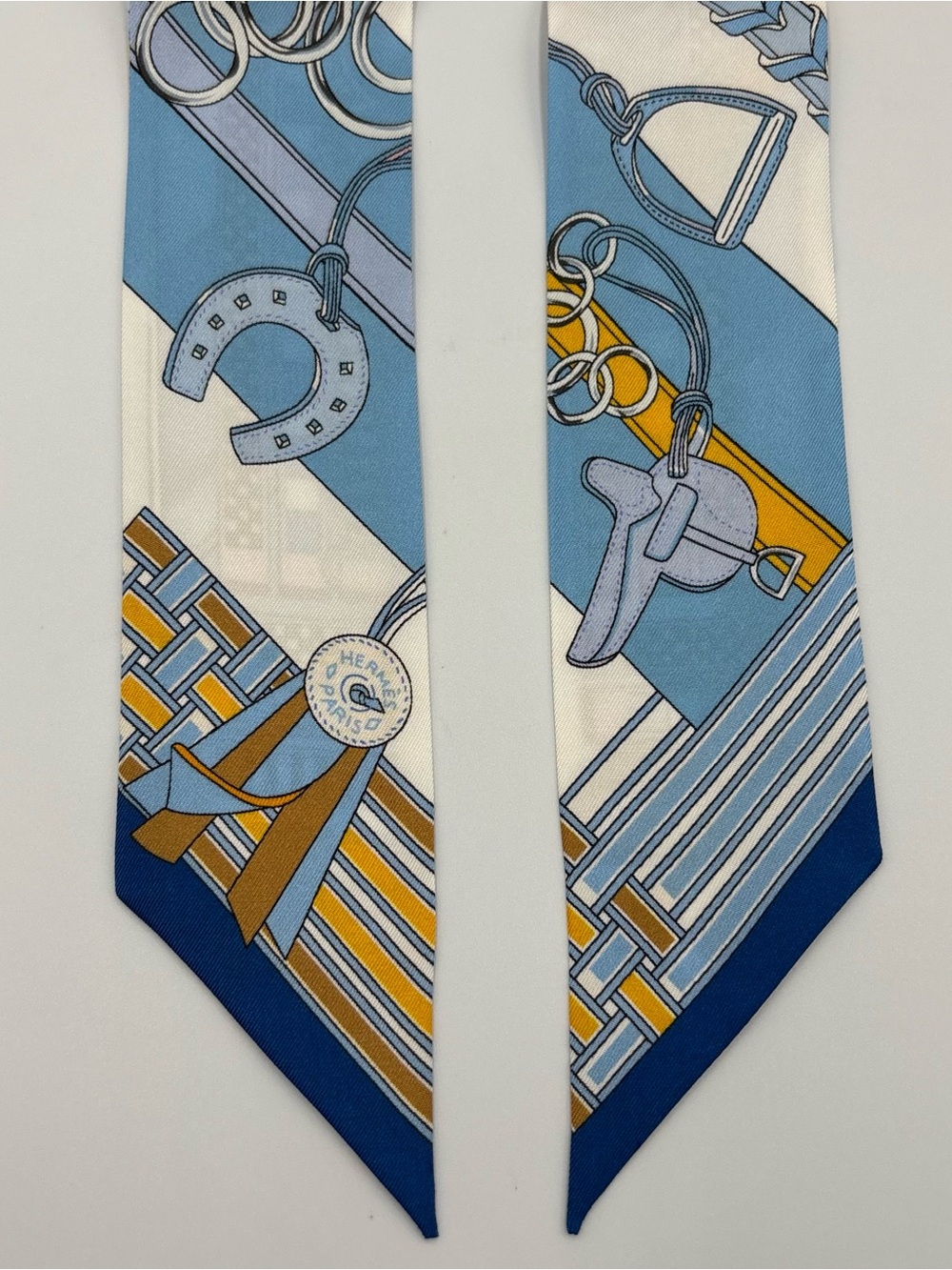 Hermes Panoplie Equestre Twilly Silk Scarf Blue Yellow White Equestrian Print - Picture 3 of 6
